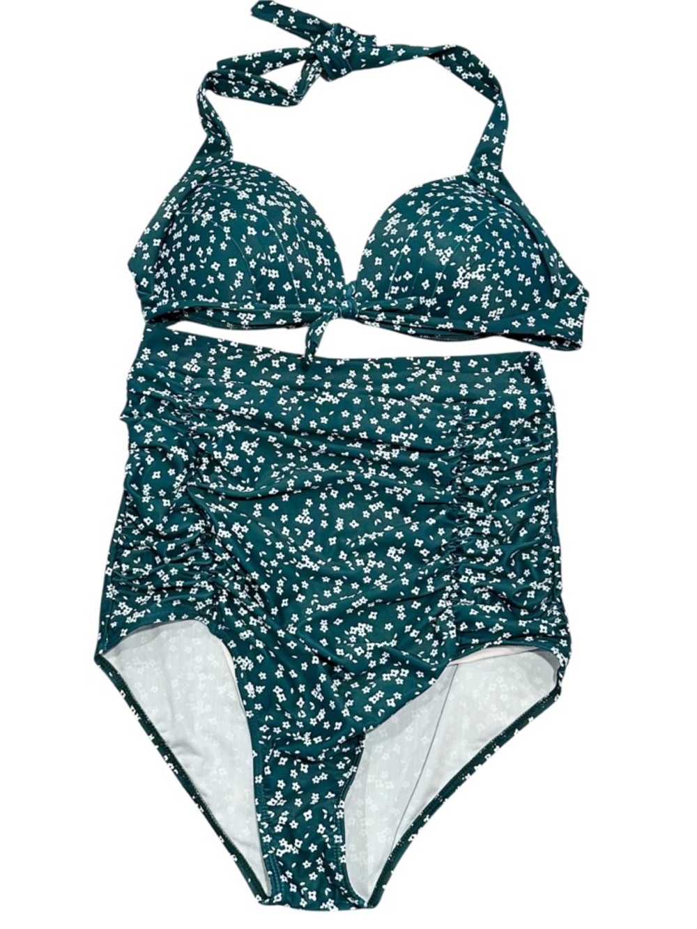 NWT COCOSHIP Teal Floral Retro Halter Top with High Waisted Bottoms Swim Set - L